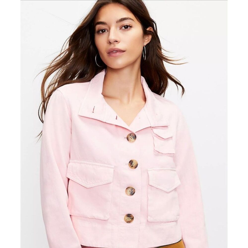 Loft women’s soft pink, long sleeve denim jacket size XXS